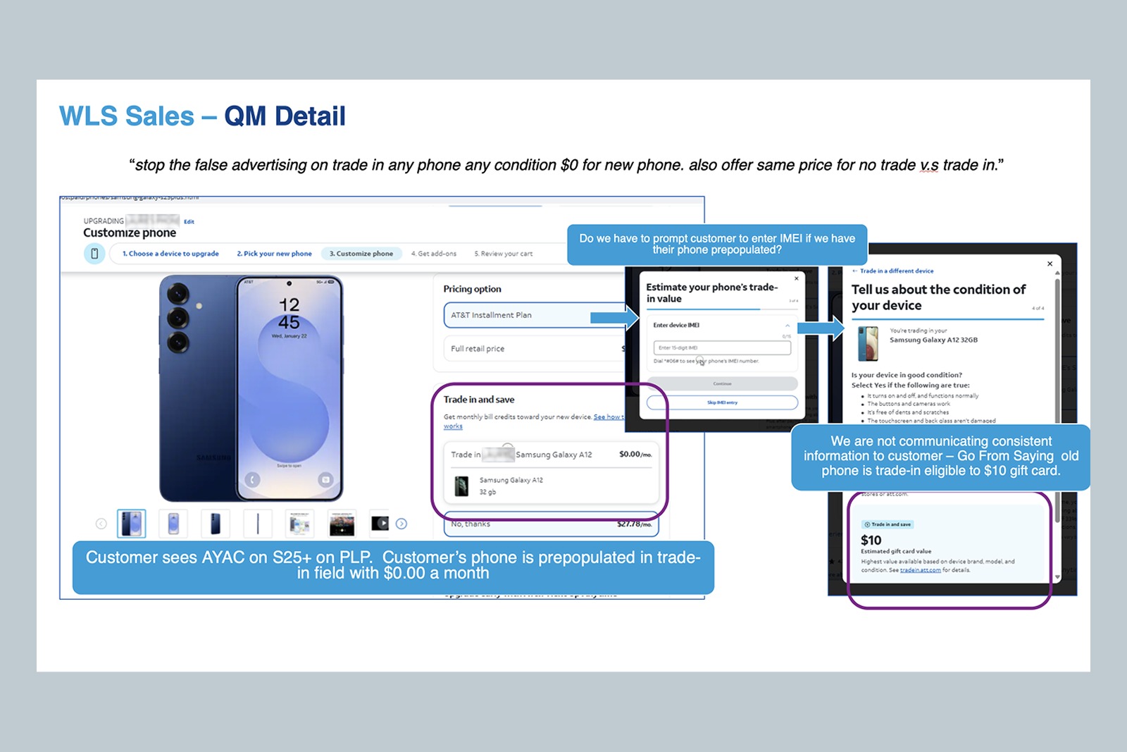 Annotated session replay: a trade-in prepopulates at $0.00 per month, then resolves to a $10 estimated gift card value.