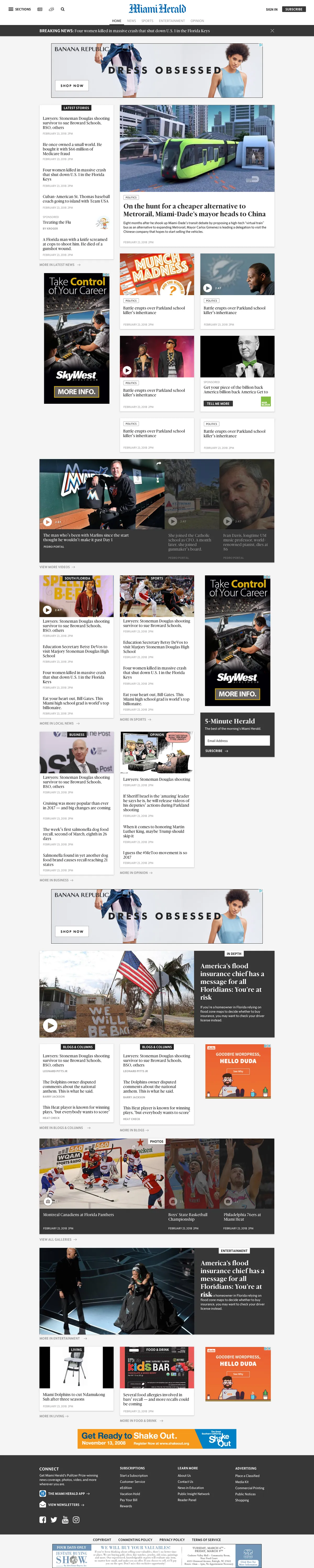 The complete new homepage template for the Miami Herald, from the masthead and breaking-news bar through story cards, video, sections, in-depth features and the footer.