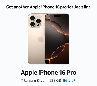 A heading reading get another Apple iPhone 16 Pro for Joe's line, with the device already selected in Titanium Silver, 256 GB.