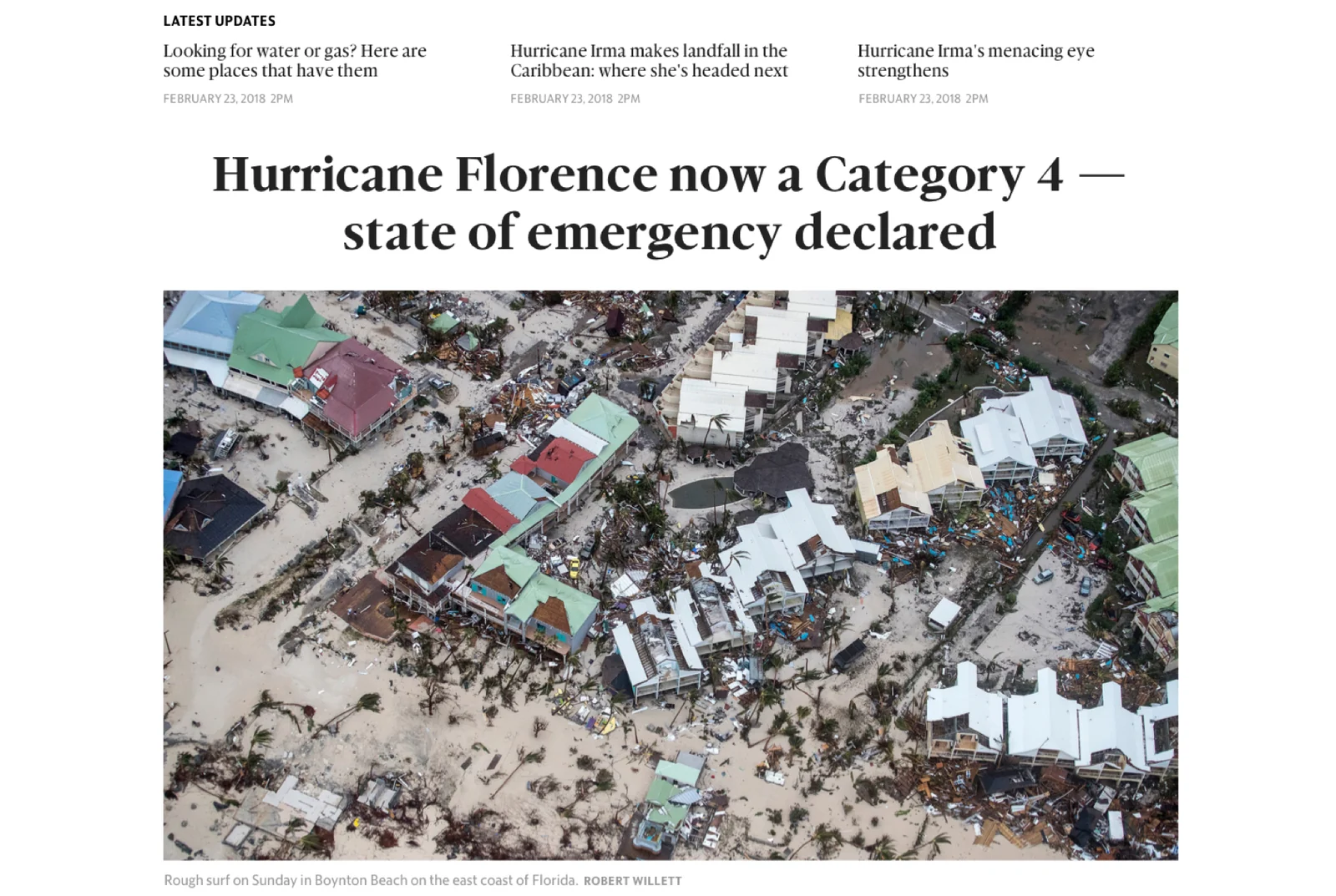 A McClatchy homepage during Hurricane Florence: latest updates, the lead story with a full-width photograph, and related coverage beneath.