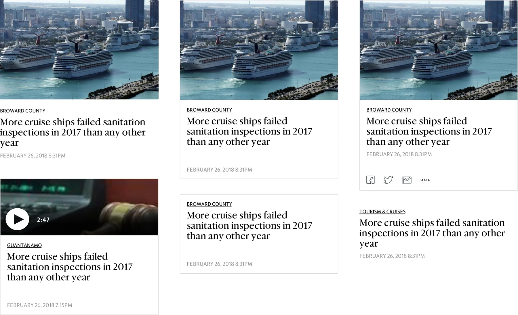 Six treatments of the same story card: with image, bordered, with sharing icons, as video, text only, and text only without a border.