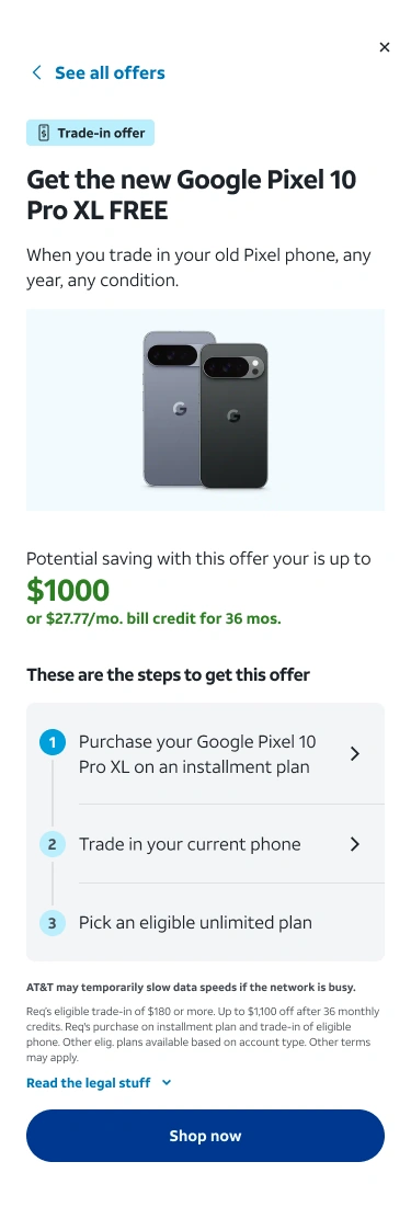 Offer card in its discovery state: three steps listed, none complete, potential saving of $1000.