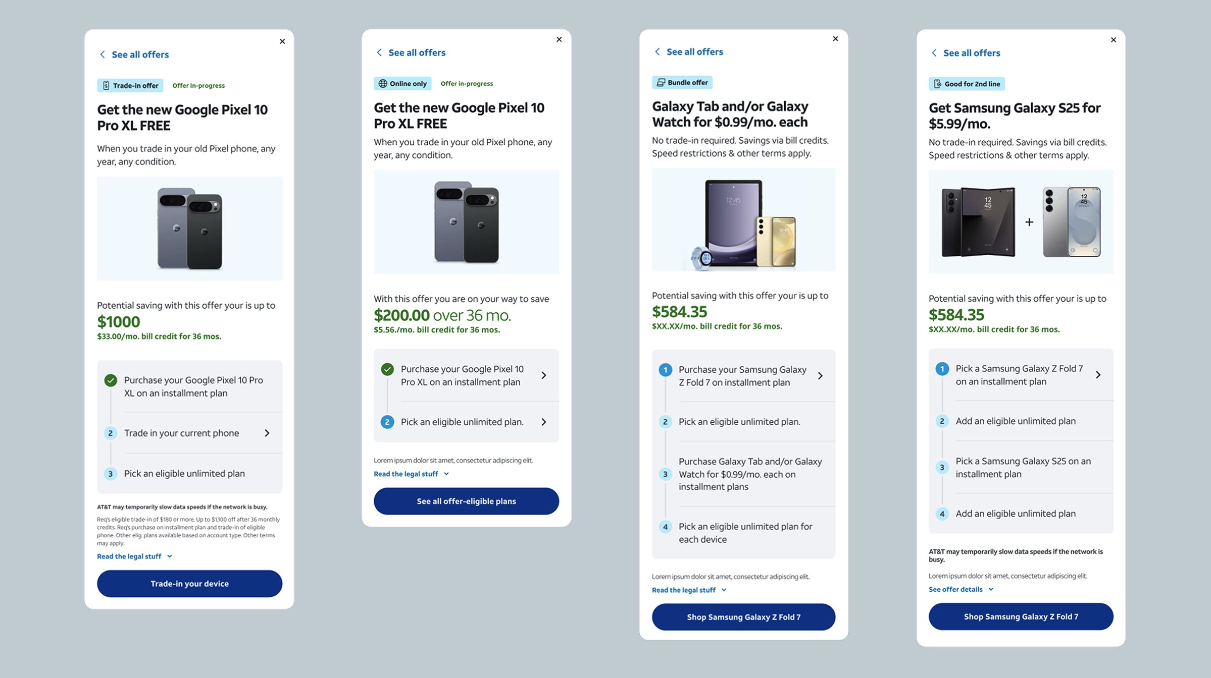 Four AT&T offer cards — trade-in, online only, bundle and second line — all built on the same four-part structure.