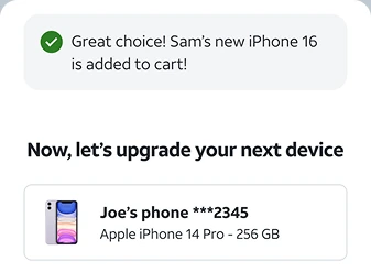 Confirmation that Sam's new iPhone is in the cart, followed by a prompt to upgrade the next device and Joe's line.