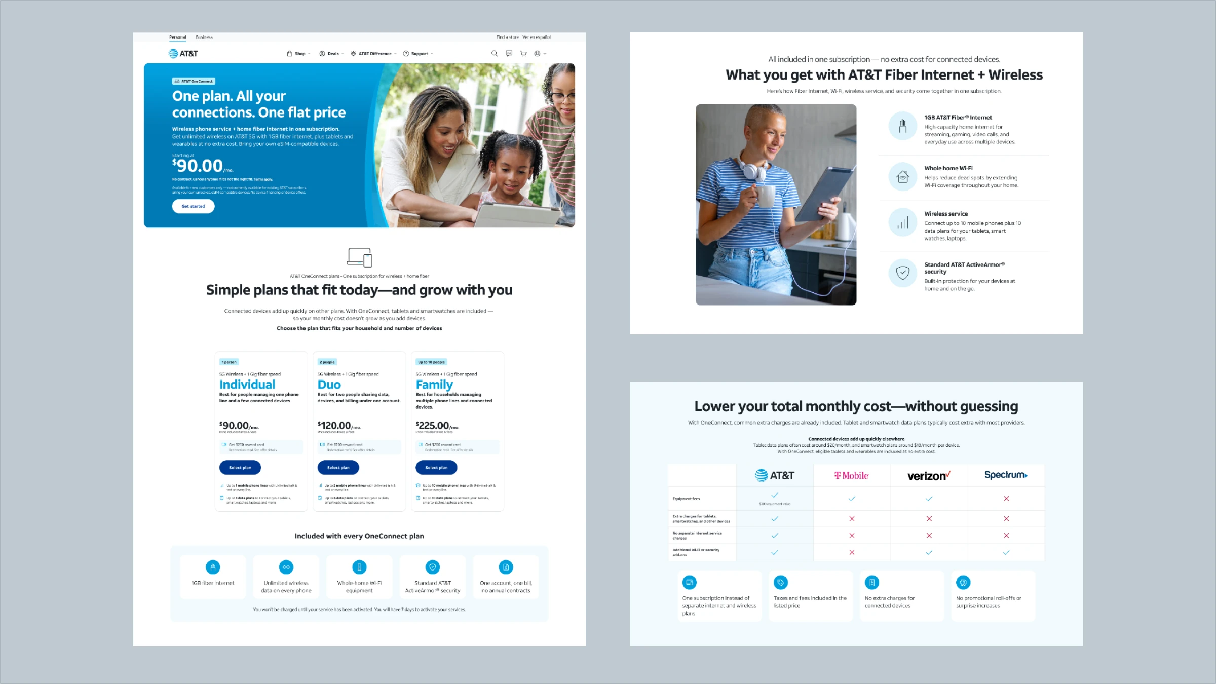 The OneConnect landing page alongside two of its sections: what you get with fiber and wireless in one subscription, and a comparison of total monthly cost.