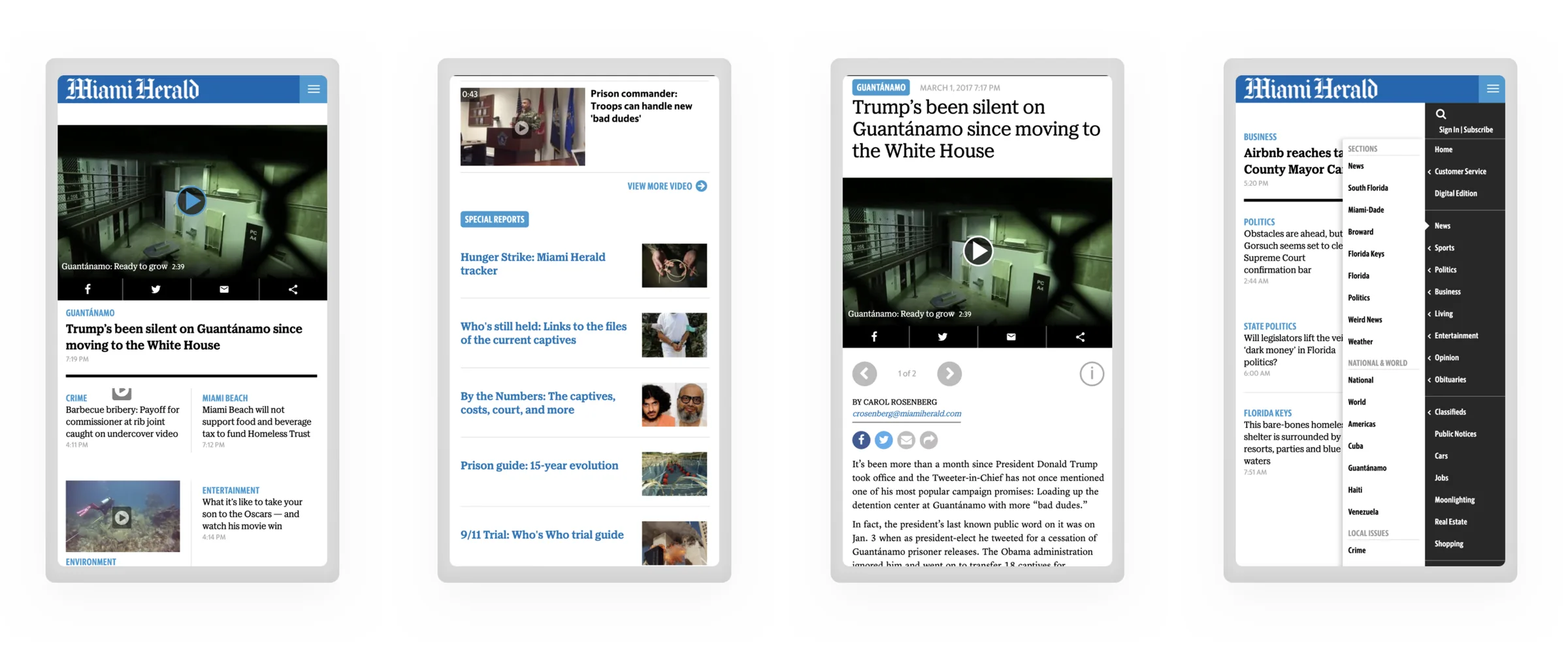 The McClatchy template before the redesign, shown on four tablet screens: a homepage, a special-reports list, a story page, and the navigation menu.