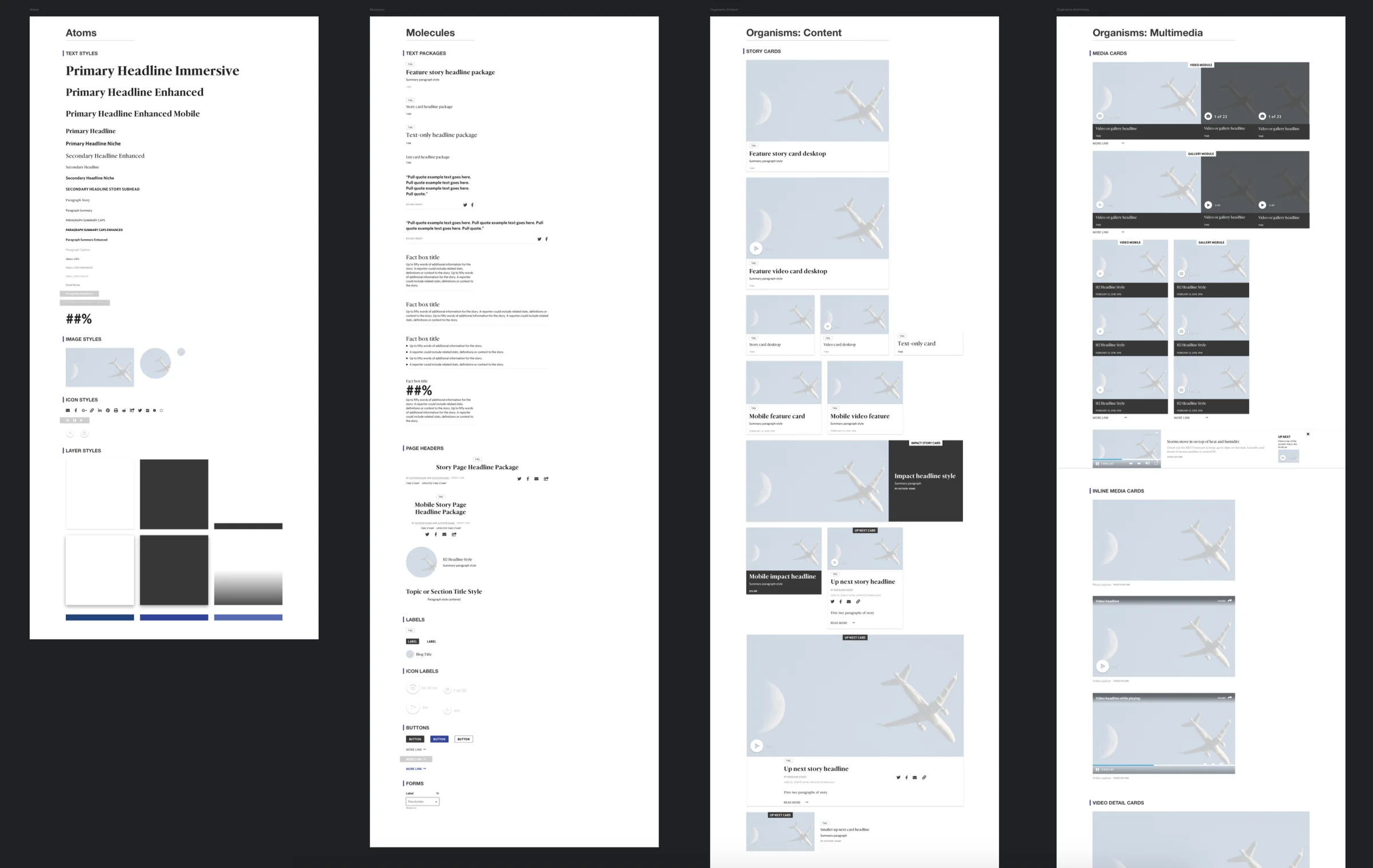 The atomic design system on four boards: atoms, molecules, content organisms and multimedia organisms.