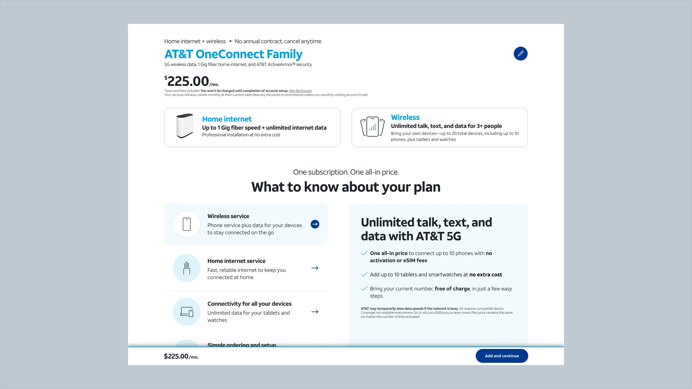 The OneConnect review page: the Family plan at $225 a month, home internet with professional installation at no extra cost, wireless for up to twenty devices, and a summary of what the plan includes, before the customer continues to the cart.