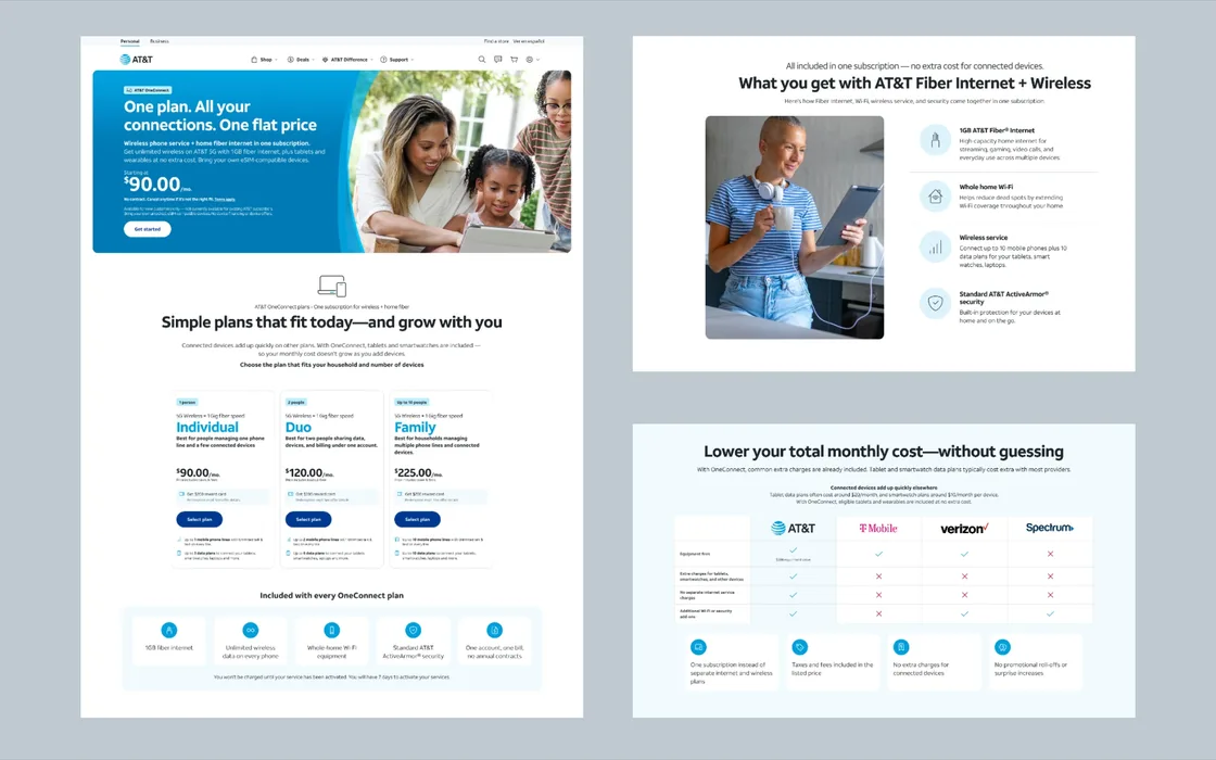 The OneConnect landing page and two of its sections